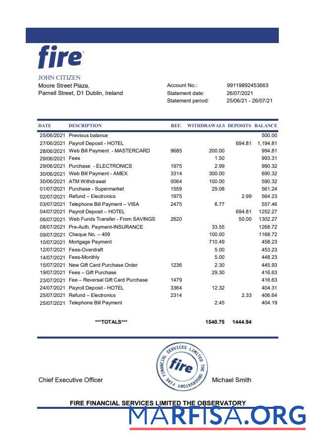 Realistic Ireland Fire Financial Services Limited bank statement excel real example